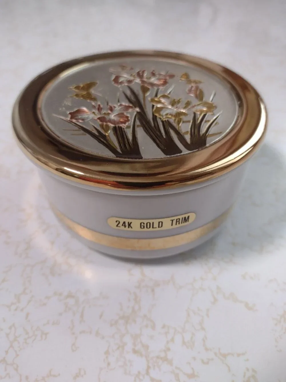 The Art of Chokin Trinket Jewelry Box w Lillies and Butterflys, 24K Gold Trim